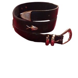 Black Leather Belt with Silver Fish Detail By Leather Man Ltd Size 34